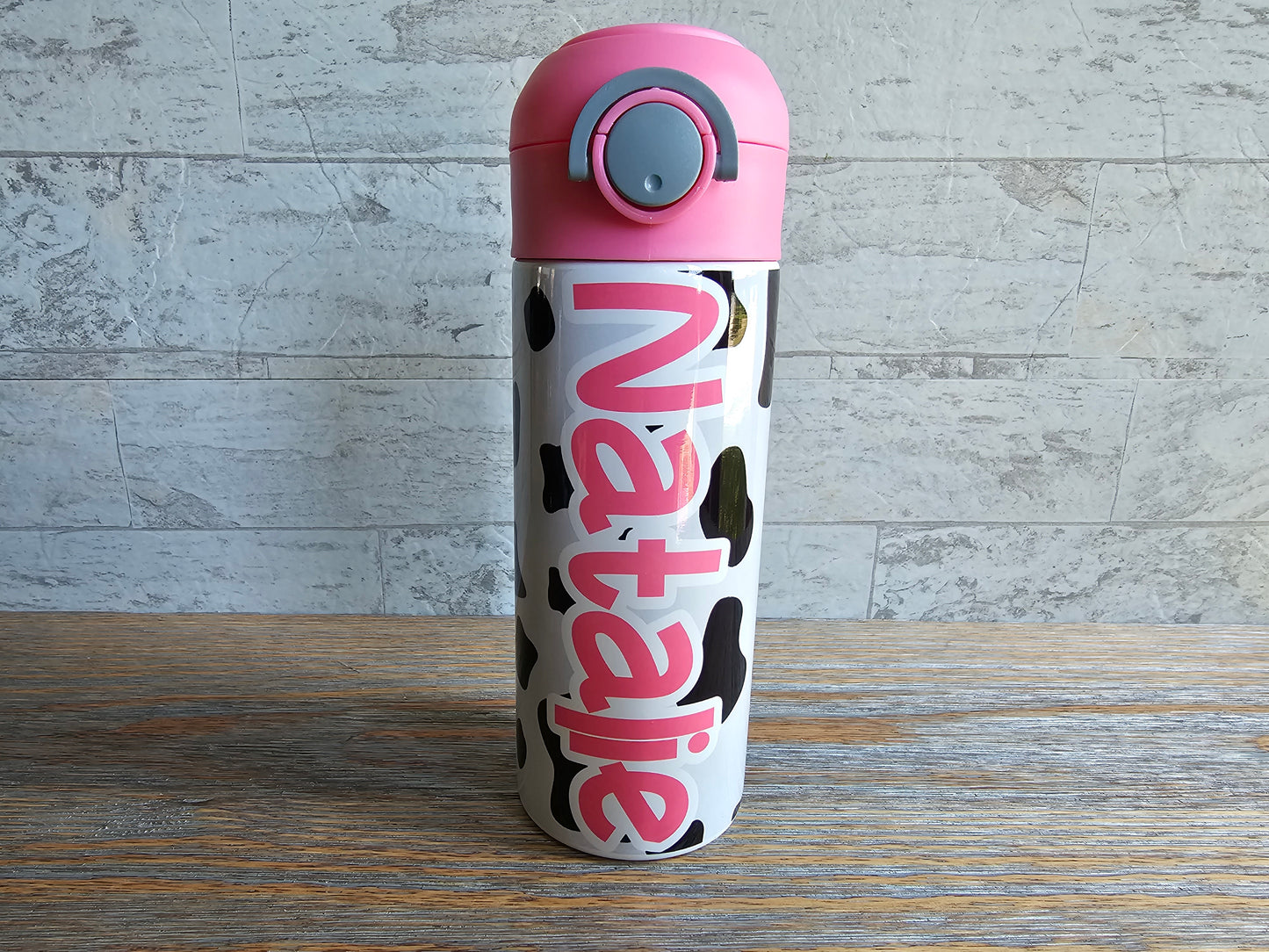 Cow Print with Pink Lid Flip Top Water Bottle - Personalized