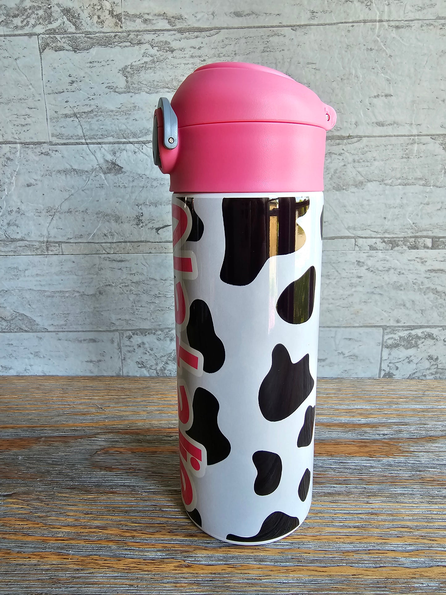 Cow Print with Pink Lid Flip Top Water Bottle - Personalized
