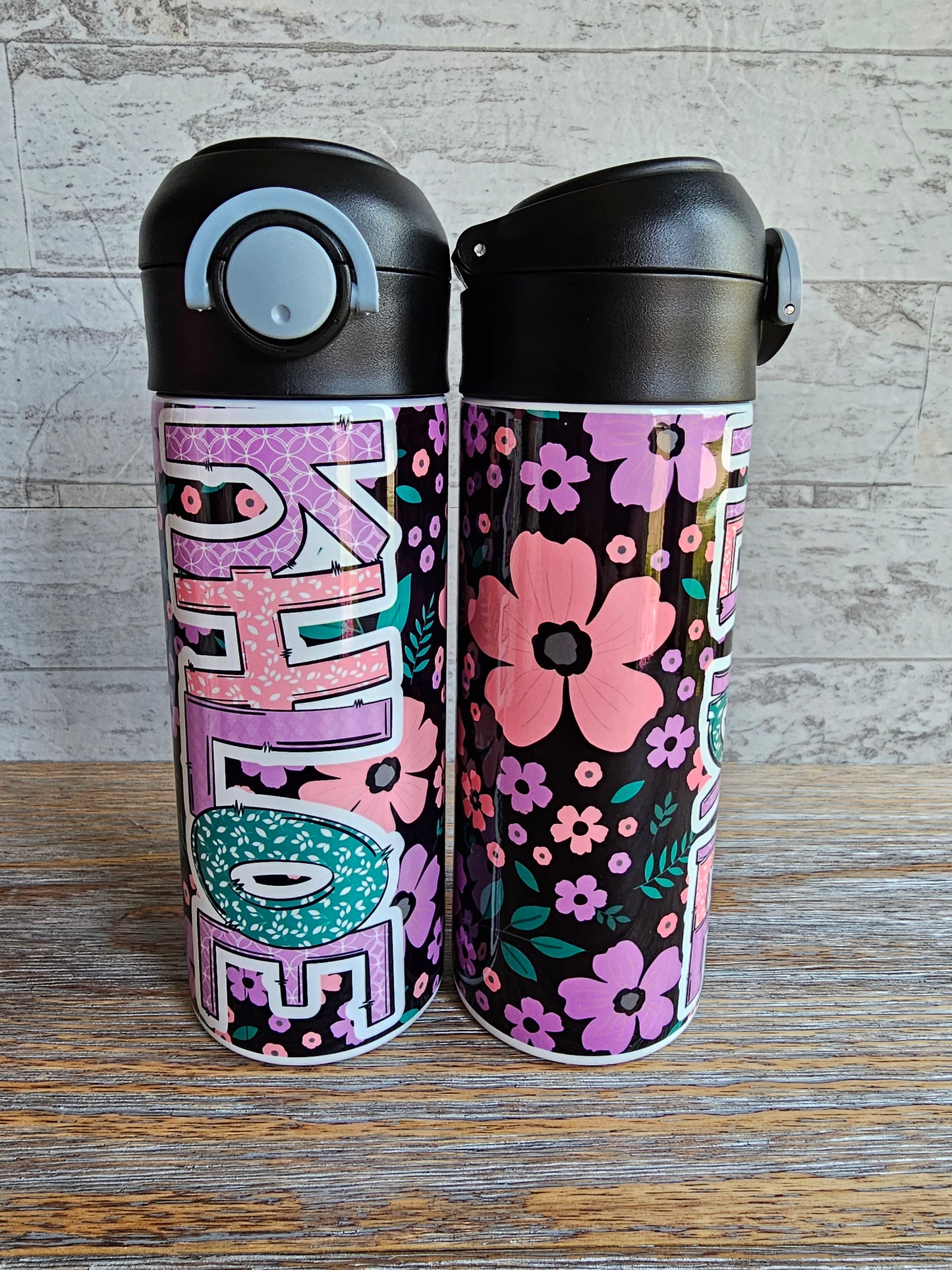 Black, Pink and Purple Flip Top Water Bottle - Personalized