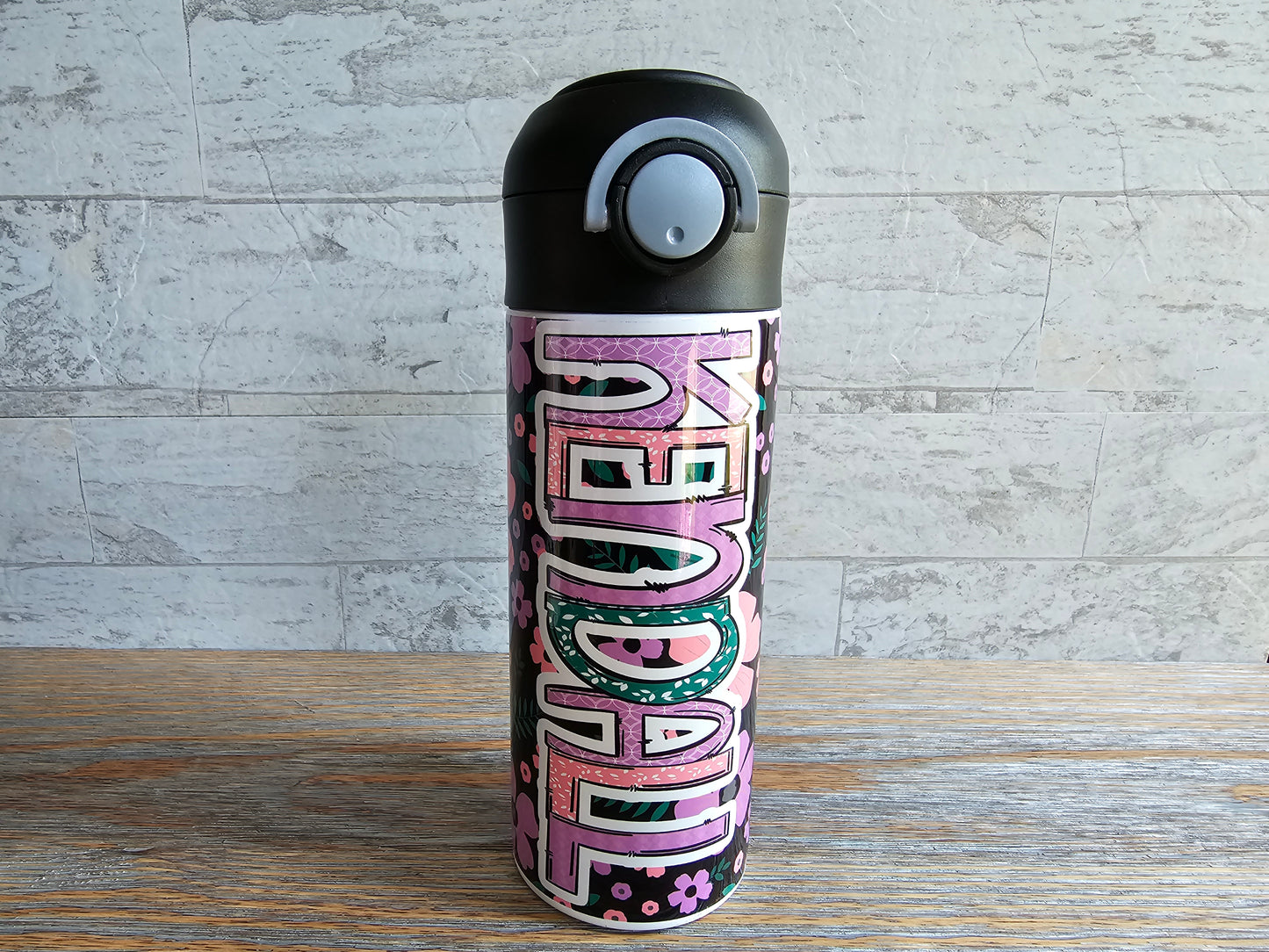 Black, Pink and Purple Flip Top Water Bottle - Personalized