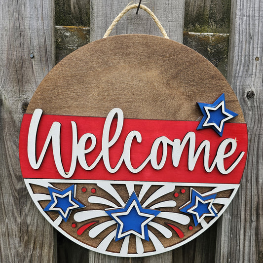Welcome Patriotic Wooden Door Hanging Sign