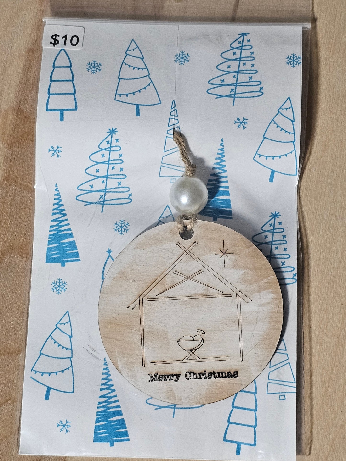 Merry Christmas Manger Wood Ornament - READY TO SHIP