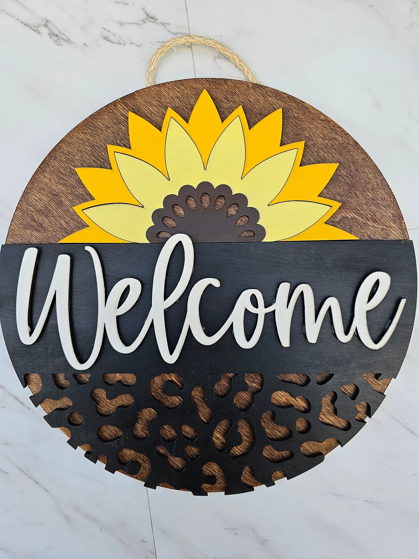 Sunflower Leopard Welcome - Wood Door Sign - READY TO SHIP