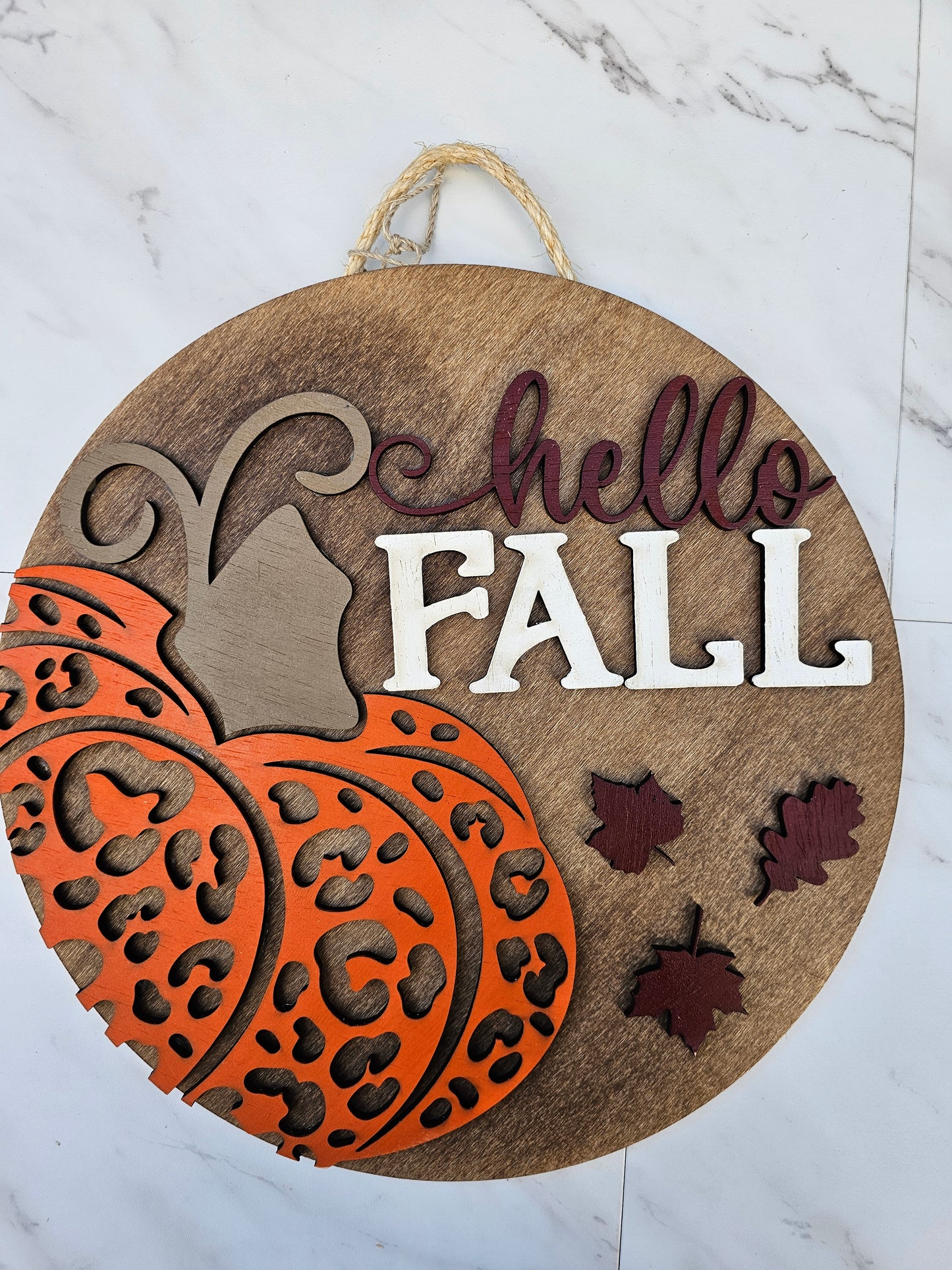 Hello Fall Leopard Pumpkin - Wood Door Sign - READY TO SHIP