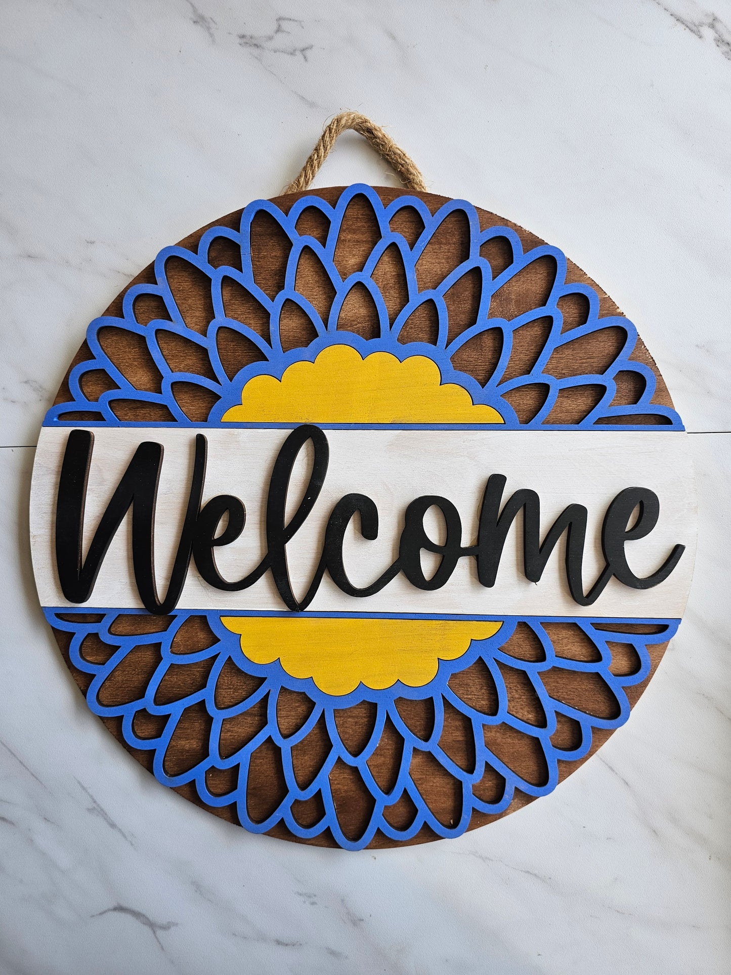 Blue Flower Welcome - Wood Door Sign - READY TO SHIP