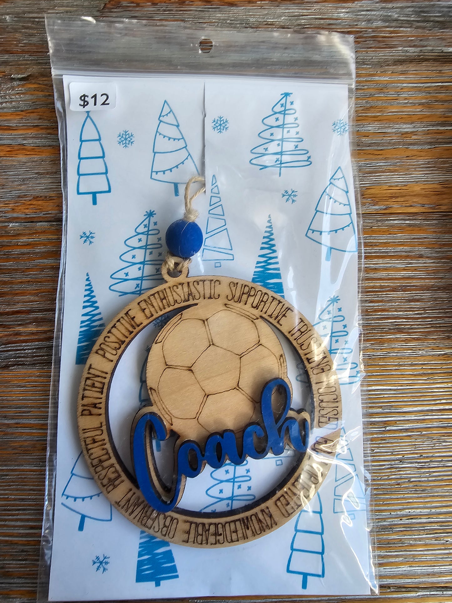 Soccer Coach BLUE Wood Ornament - READY TO SHIP