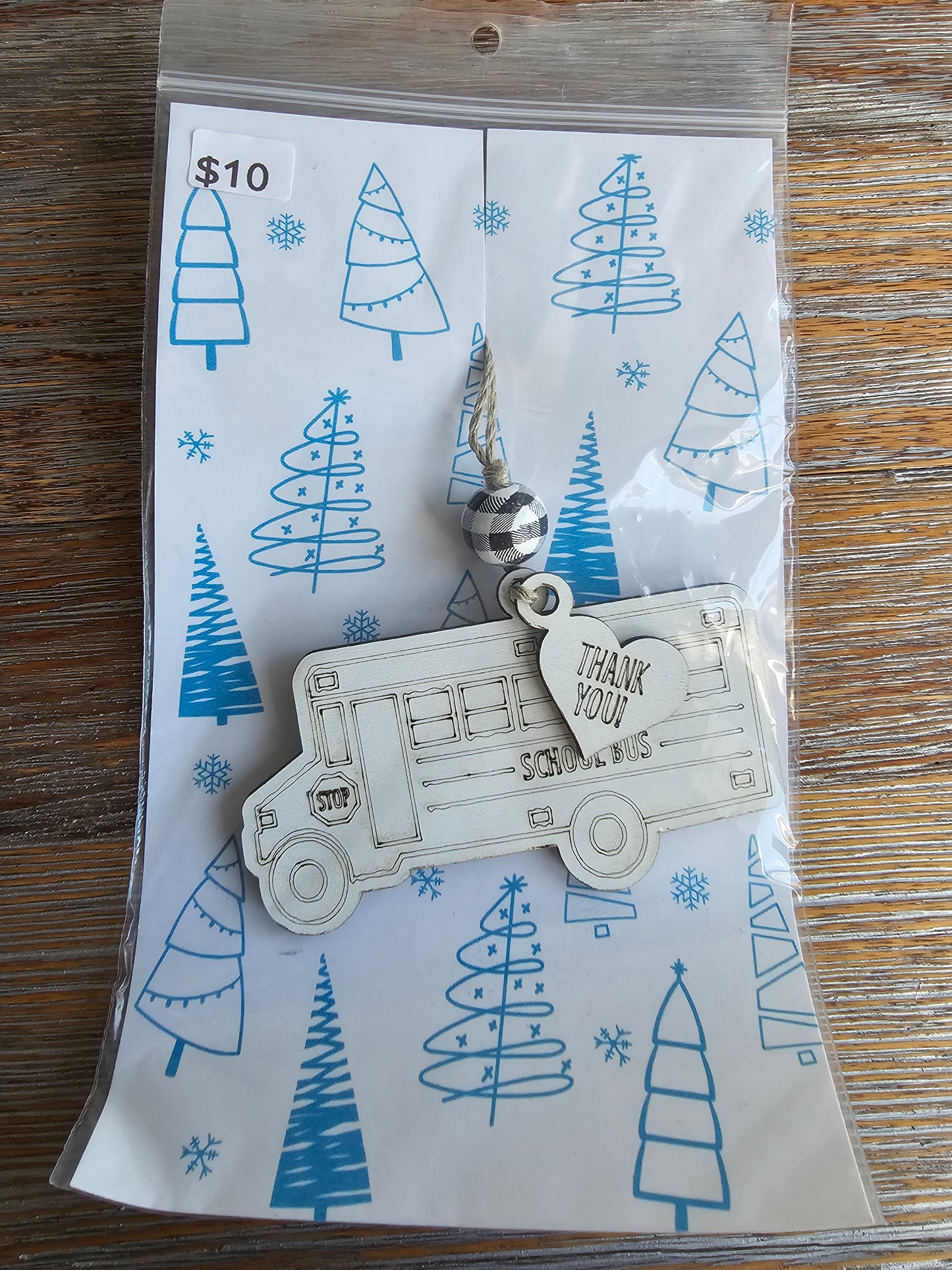 School Bus Thank You White Wood Ornament - READY TO SHIP