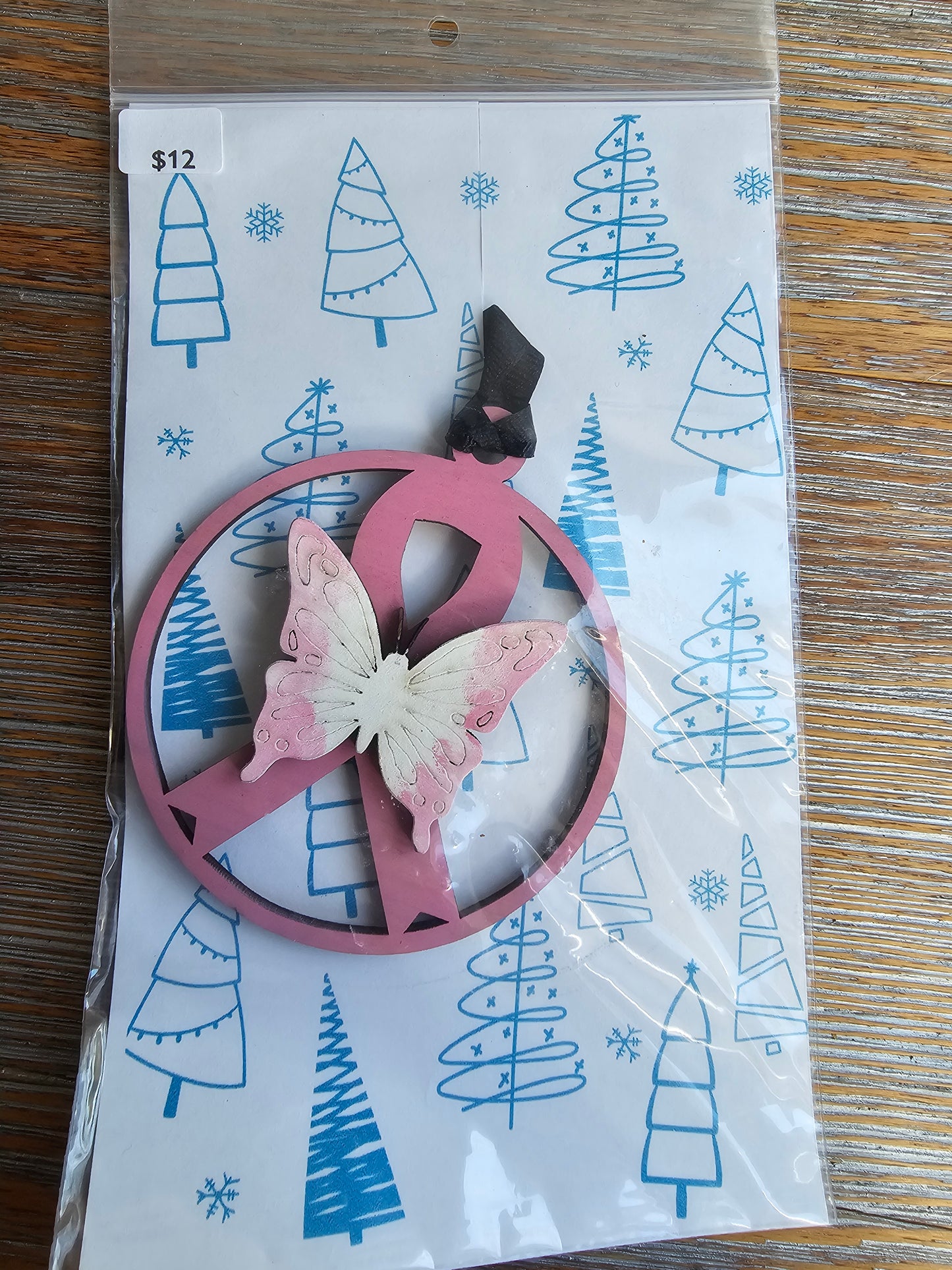 Pink Ribbon Butterfly Wood Ornament - READY TO SHIP