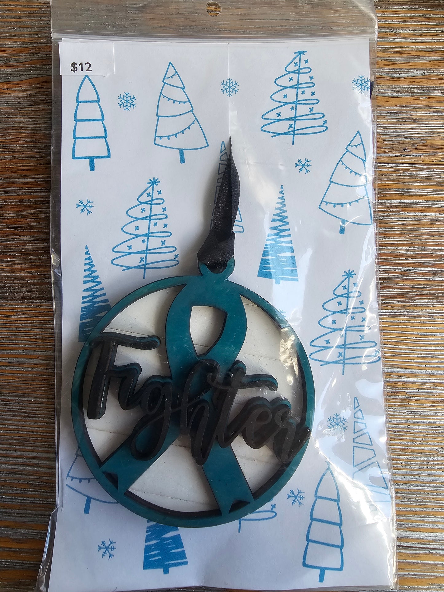 Teal Ribbon FIGHTER Wood Ornament - READY TO SHIP