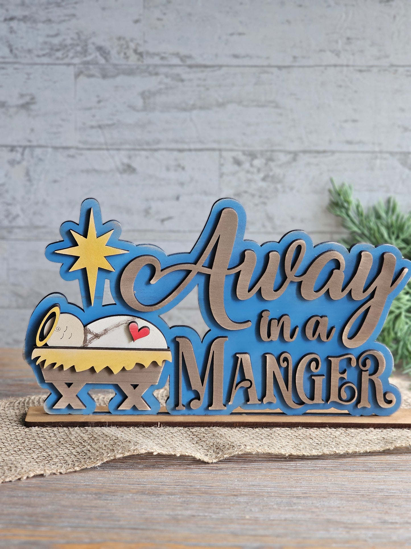 Away in a Manger Wood Sign - Hand-Painted Christmas Shelf Sitter Decoration