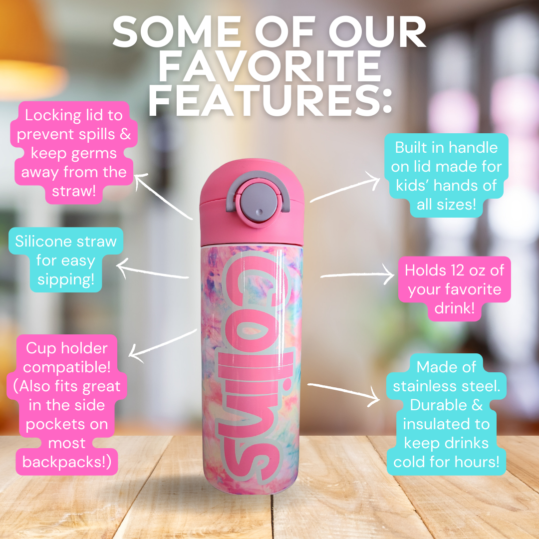 12 oz water bottle with flip top and built in straw. Pink tie dye themed water bottle for kids. Back to school water bottle for kids. Tie dye in pastel colors with a name in pink and pink lid.