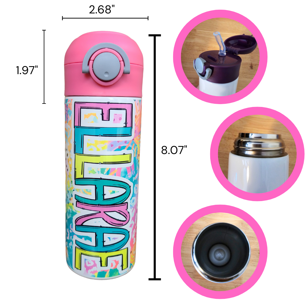 12oz water bottle with pink lid that has a built in straw, locking push button and handle. This design features bright colored animal print with sunshine and rainbows. Personalized in coordinating bright colors with a pink lid. Back to school.