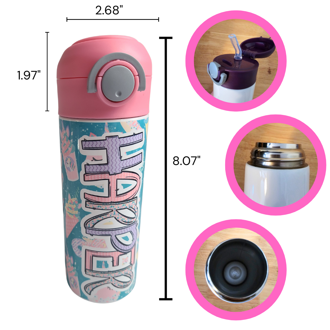 12 oz water bottle with pink lid showing features. Measurements of the entire bottle with lid is 8.07”. Width of 2.68”. and the lid height is 1.97”. Lid pops open with push of a button. Straw then pops open. Interior of water bottle is silver.