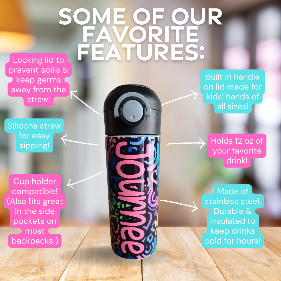 Photo of 12 oz water bottle with description stating: Some of our favorite features: Locking lid to prevent spills & keep germs away from the straw. Silicone straw for easy sipping! Cup holder compatible (also fits great in the side pocket on most backpacks!), Built in handle on lid made for kids’ hands of all sizes! Holds 12 oz of your favorite drink. Made of stainless steel. Durable & insulated to keep drinks cold for hours!