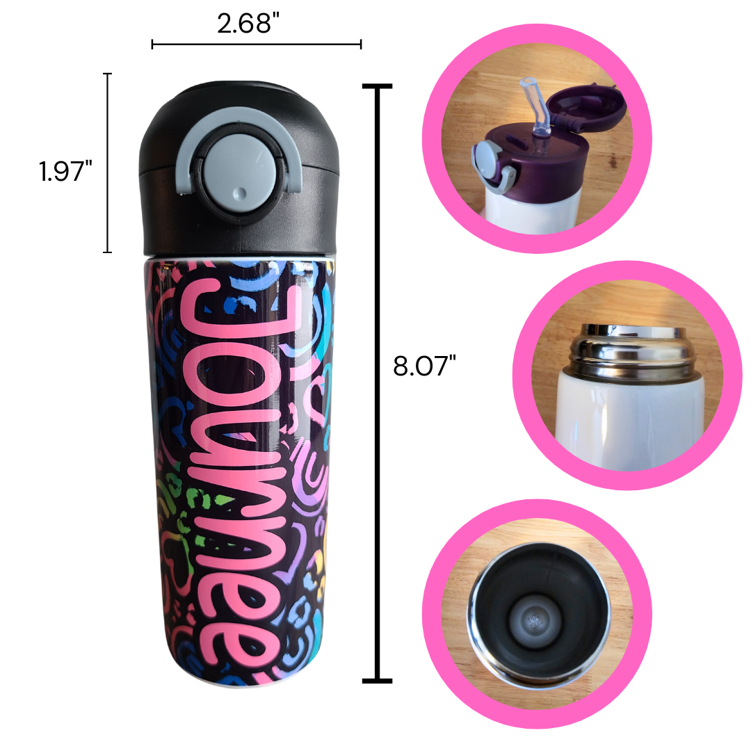 12 oz water bottle with pink lid showing features. Measurements of the entire bottle with lid is 8.07”. Width of 2.68”. and the lid height is 1.97”. Lid pops open with push of a button. Straw then pops open. Interior of water bottle is silver.