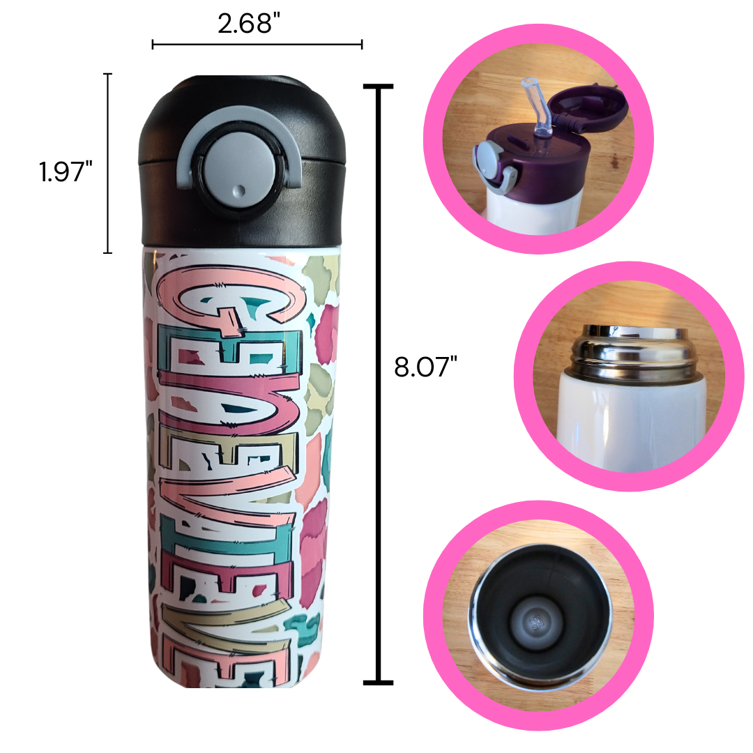 12 oz water bottle with pink lid showing features. Measurements of the entire bottle with lid is 8.07”. Width of 2.68”. and the lid height is 1.97”. Lid pops open with push of a button. Straw then pops open. Interior of water bottle is silver.