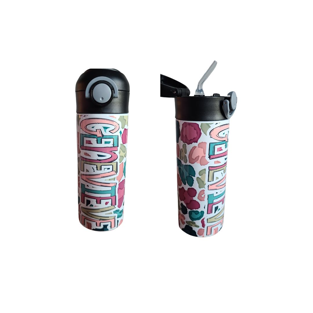 12 oz water bottle with a black lid that has a built-in straw, locking push button and handle. This design features a white background multi-colored leopard print. Personalized in coordinating colors. Back to School.