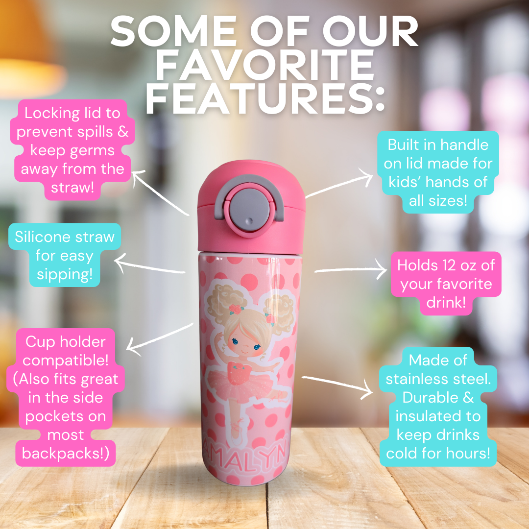 Personalized Pink Ballerina Water Bottle - 12 oz Flip Top Water Bottle with Straw