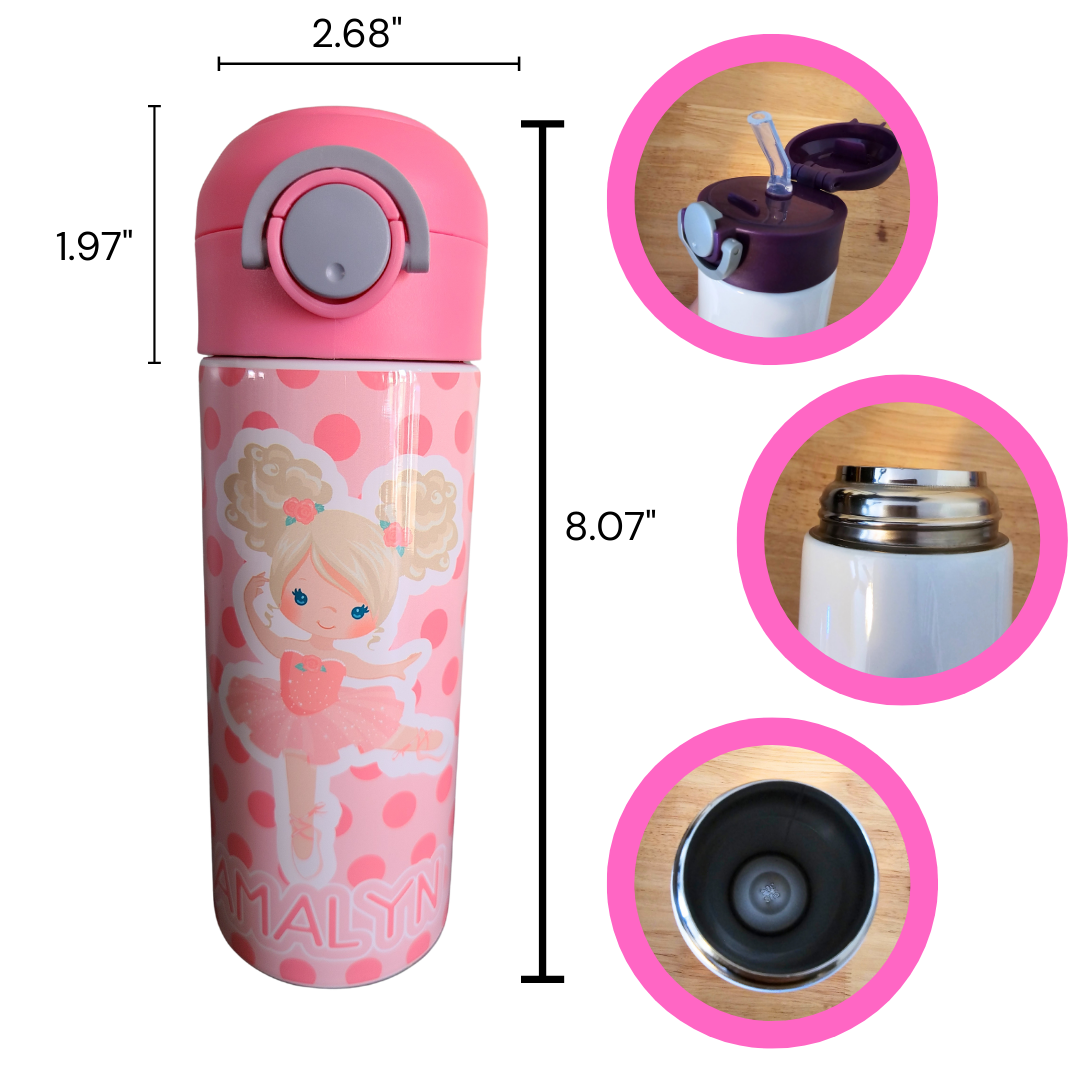 Personalized Pink Ballerina Water Bottle - 12 oz Flip Top Water Bottle with Straw