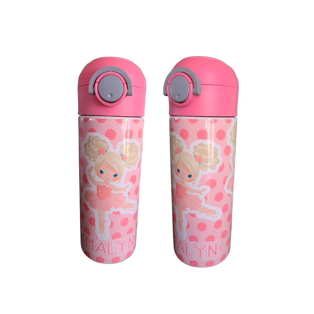Personalized Pink Ballerina Water Bottle - 12 oz Flip Top Water Bottle with Straw