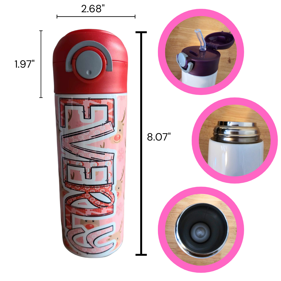 Pink Reindeer Flip Top Water Bottle - Personalized