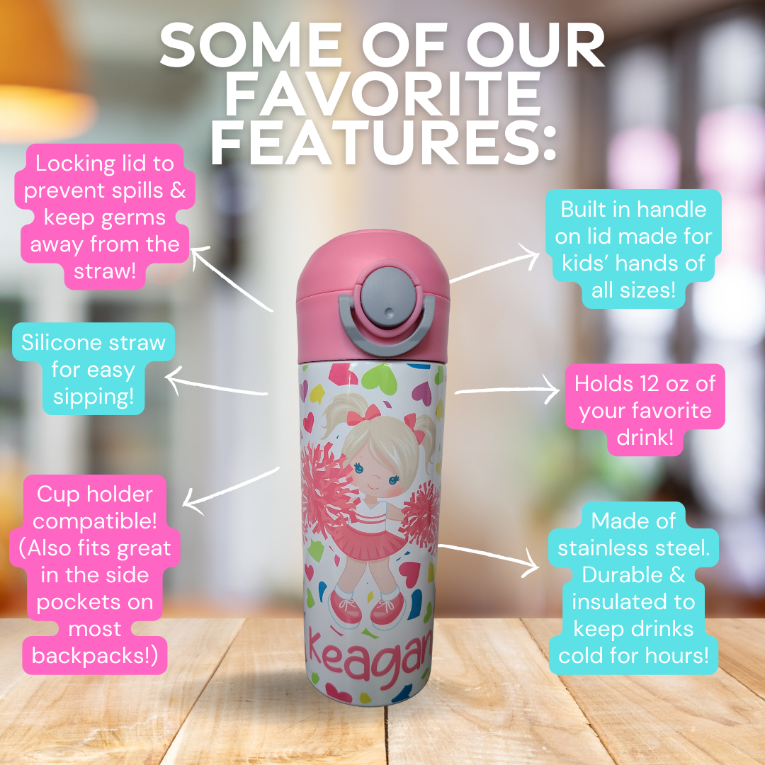 Personalized Cheerleader Water Bottle - 12 oz Flip Top Water Bottle with Straw