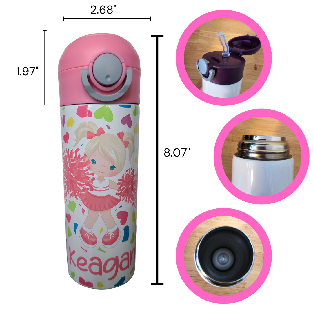 Personalized Cheerleader Water Bottle - 12 oz Flip Top Water Bottle with Straw