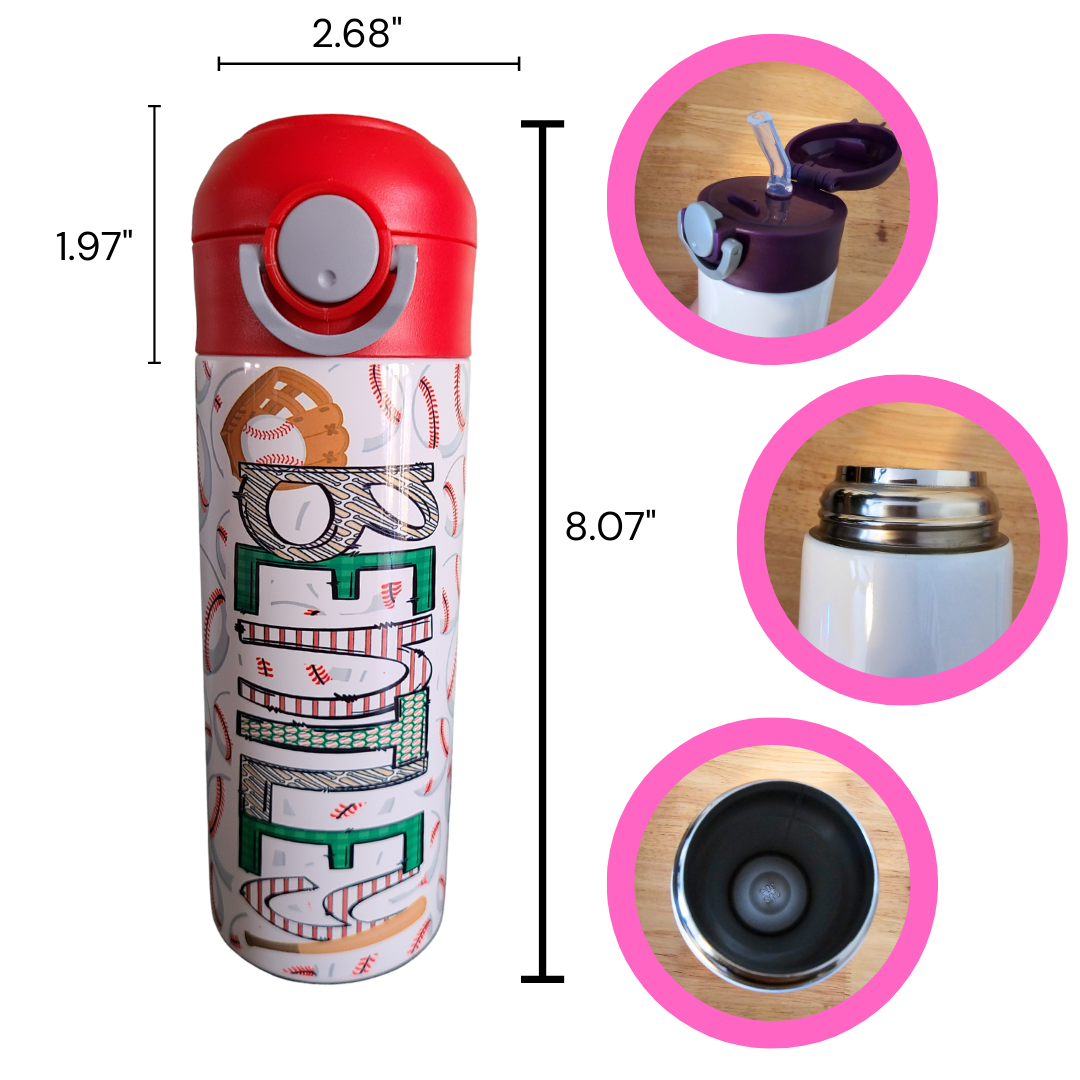 Baseball Water Bottle Personalized with Red Lid - 12 oz Flip Top Water Bottle with Straw