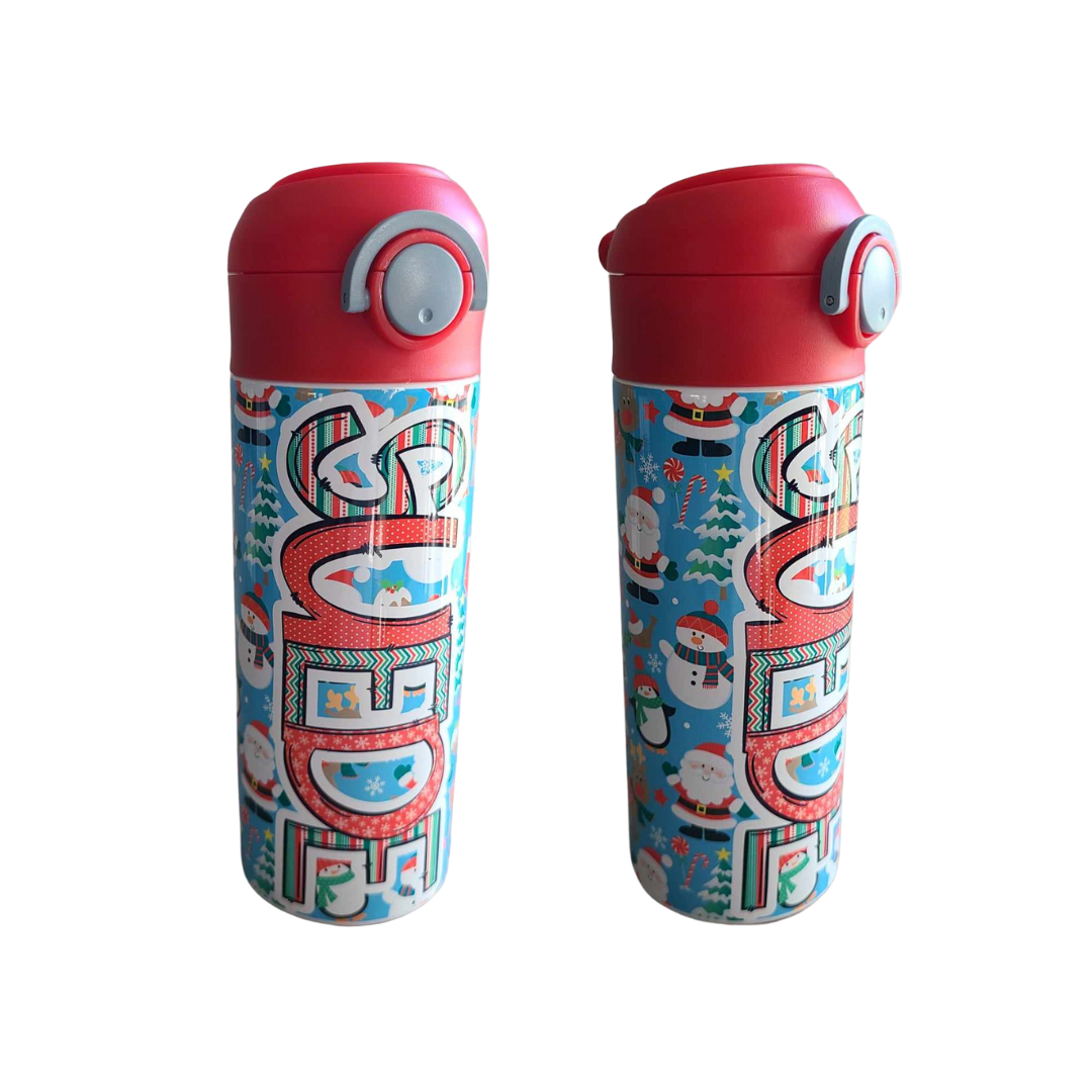 Santa & Penguins Christmas Flip Top Water Bottle - Personalized