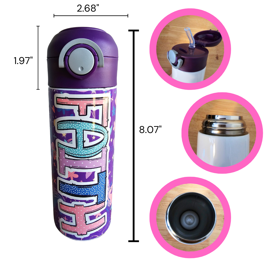 Purple Unicorns Flip Top Water Bottle - Personalized