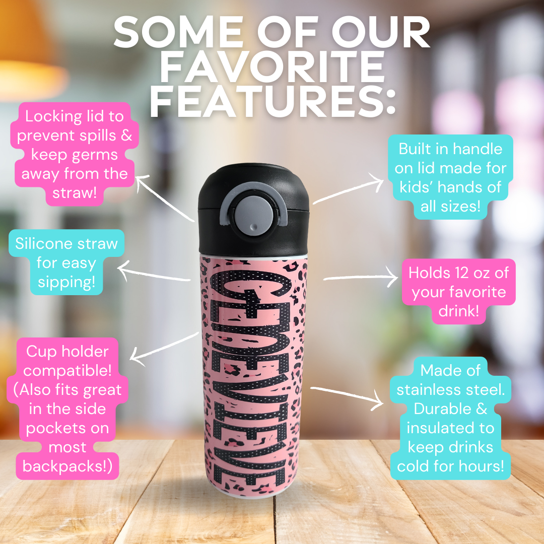 Personalized Pink Cheetah Water Bottle - 12 oz Flip Top Water Bottle with Straw