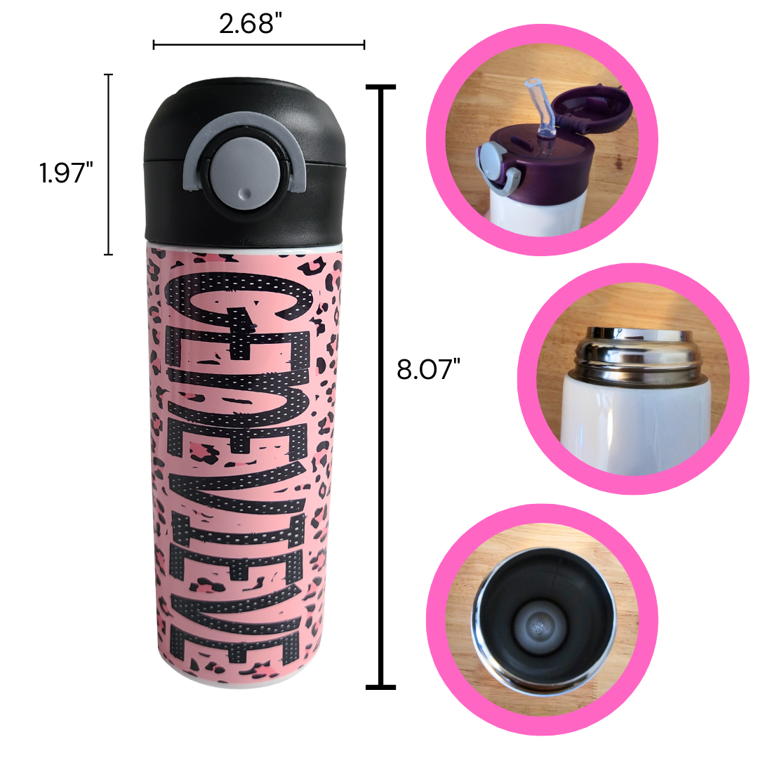 Personalized Pink Cheetah Water Bottle - 12 oz Flip Top Water Bottle with Straw