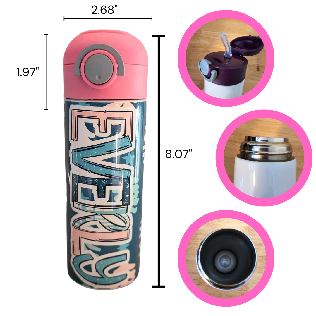 Pink & Navy Blue Christmas Flip Top Water Bottle - Personalized