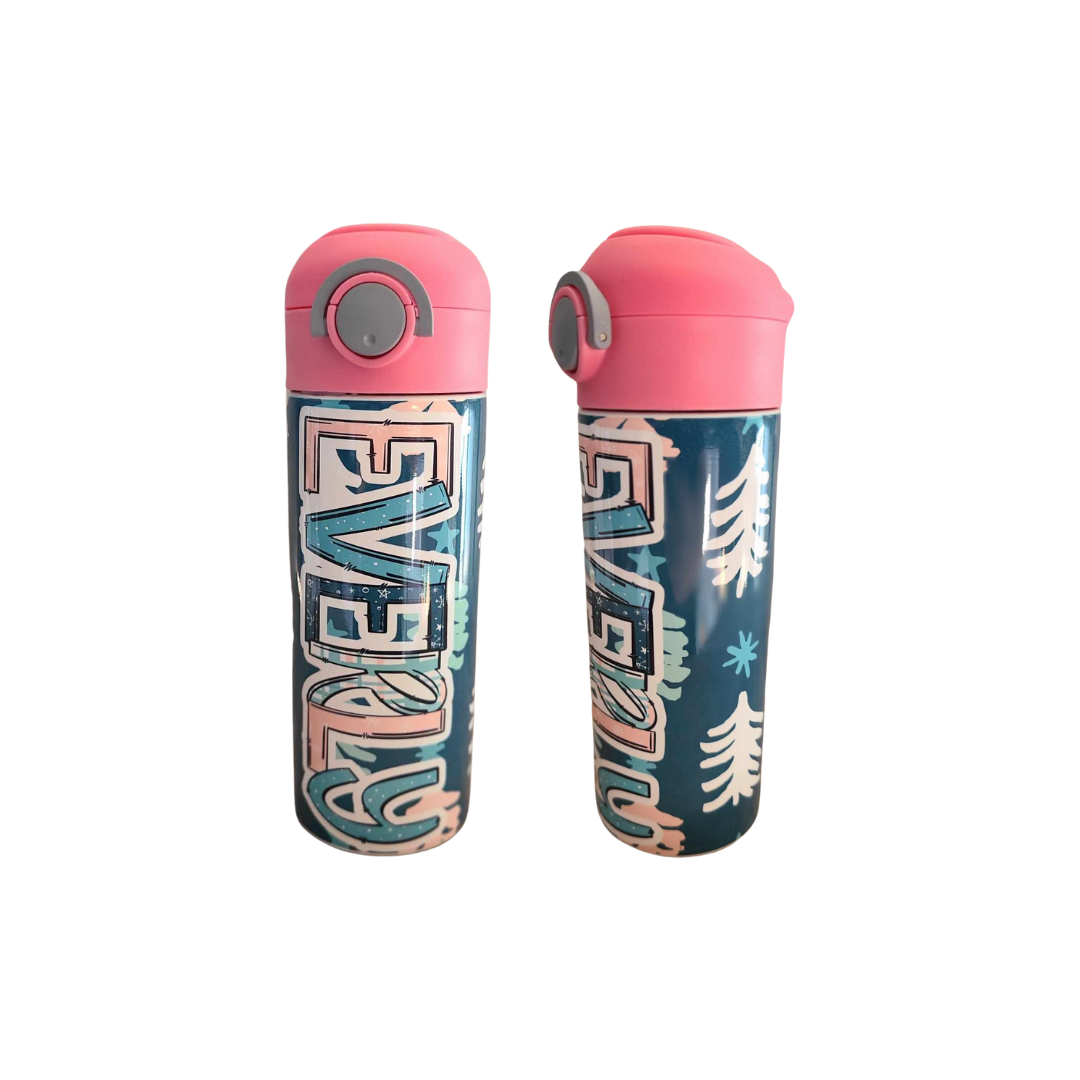 Pink & Navy Blue Christmas Flip Top Water Bottle - Personalized