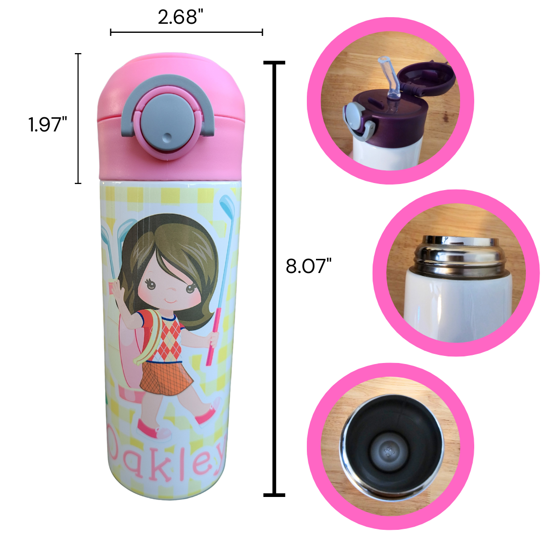 Child Golfer Water Bottle - 12 oz Flip Top Water Bottle with Straw