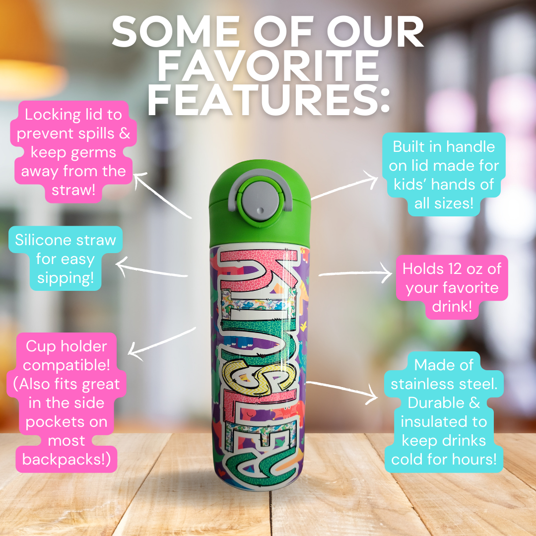 Purple Dinosaur Flip Top Water Bottle - Personalized