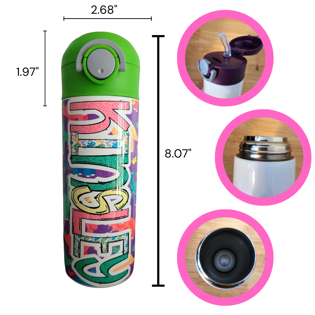 Purple Dinosaur Flip Top Water Bottle - Personalized