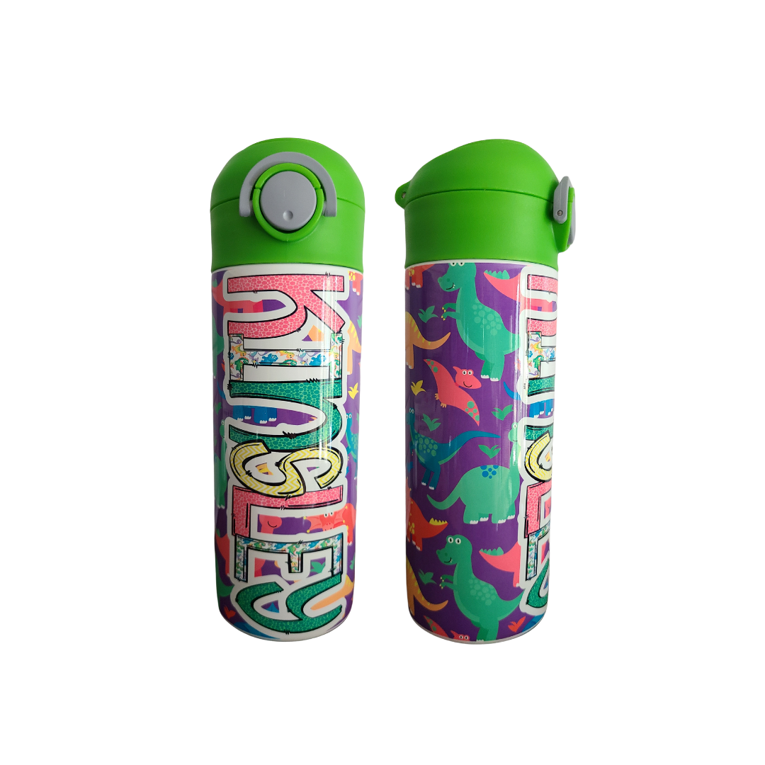 Purple Dinosaur Flip Top Water Bottle - Personalized