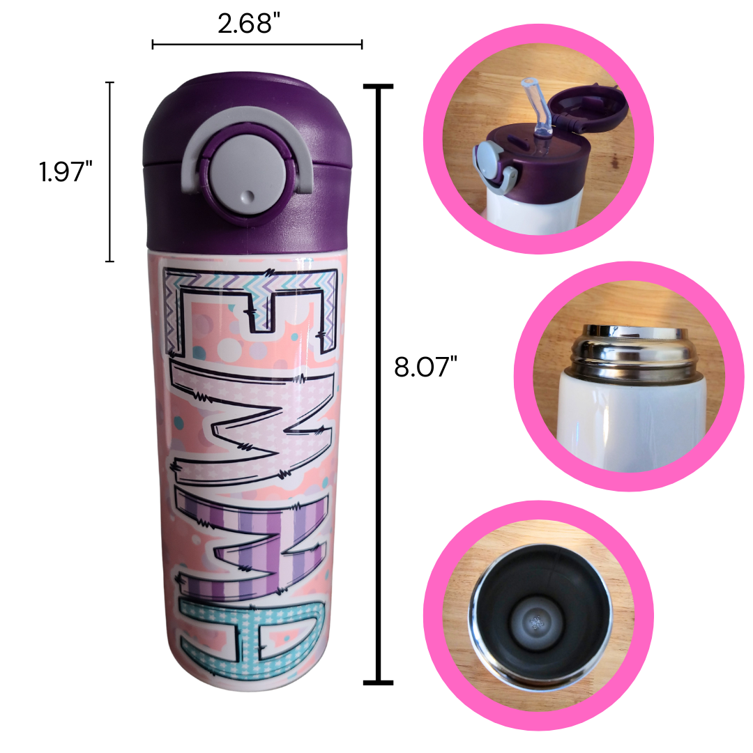 Personalized Pink Splash Water Bottle - 12 oz Flip Top Water Bottle with Straw