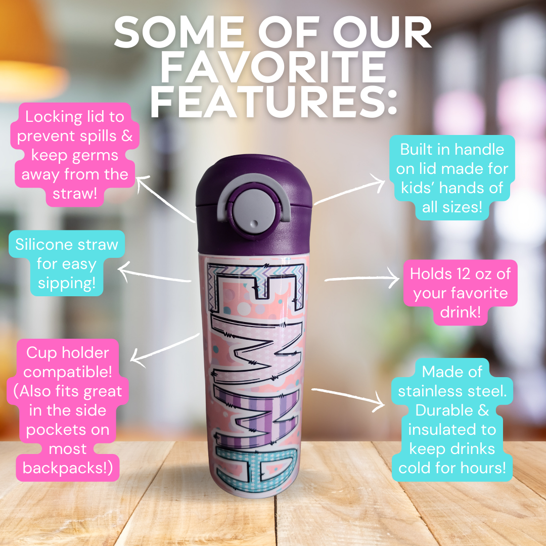Personalized Pink Splash Water Bottle - 12 oz Flip Top Water Bottle with Straw