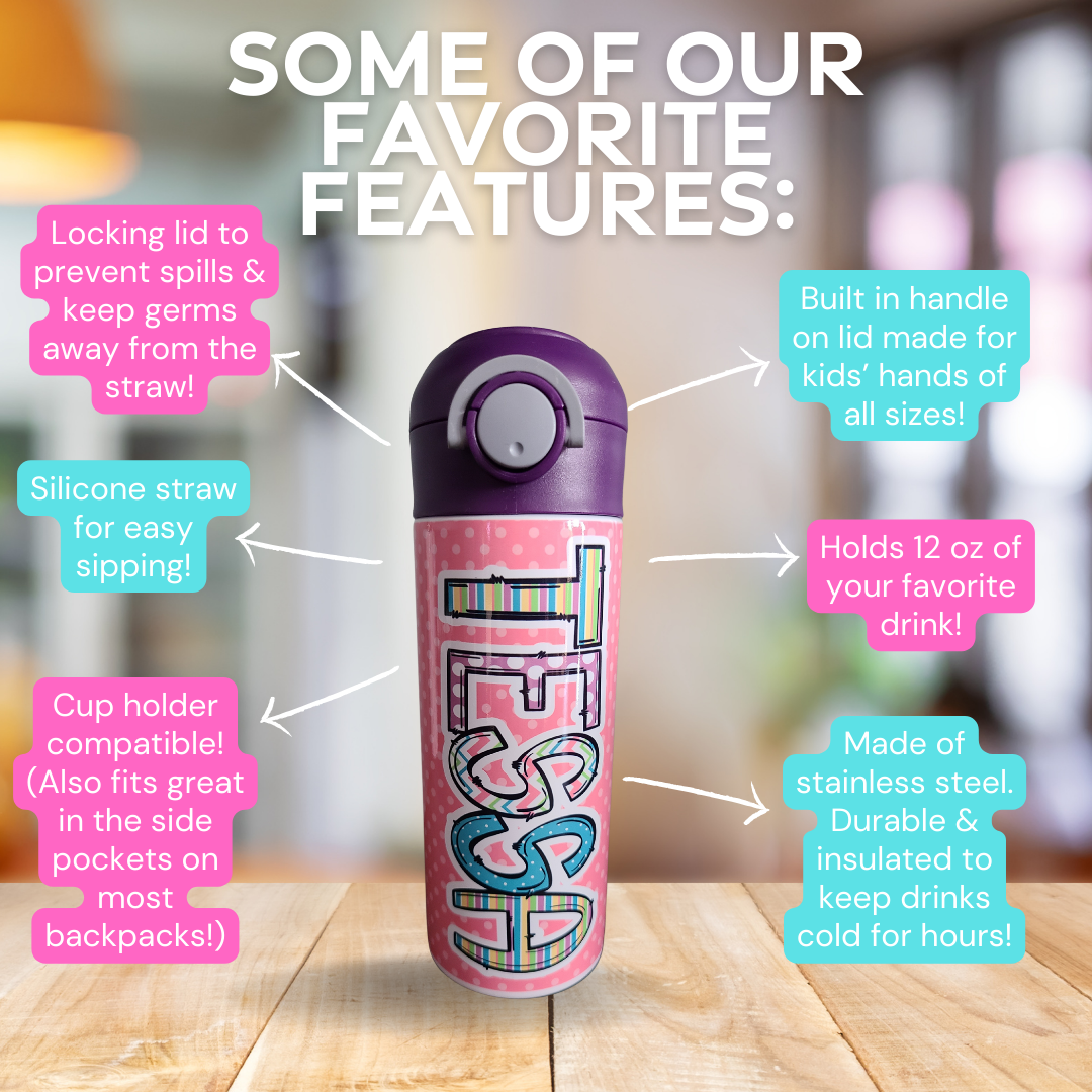 Personalized Pink and Purple Water Bottle - 12 oz Flip Top Water Bottle with Lid