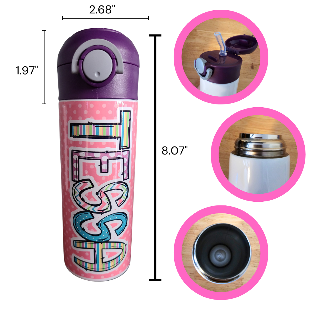 Personalized Pink and Purple Water Bottle - 12 oz Flip Top Water Bottle with Lid