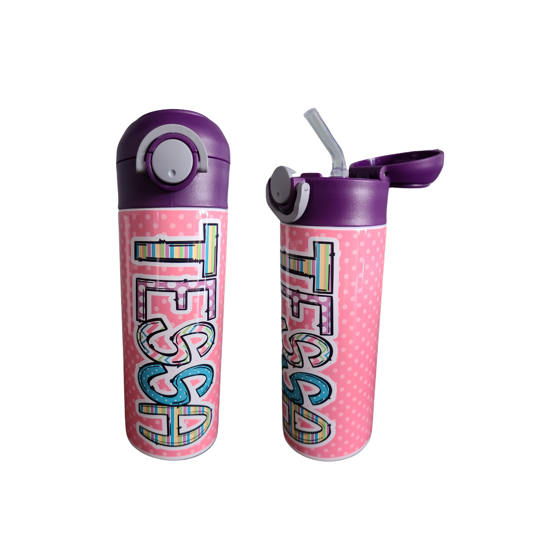 Personalized Pink and Purple Water Bottle - 12 oz Flip Top Water Bottle with Lid