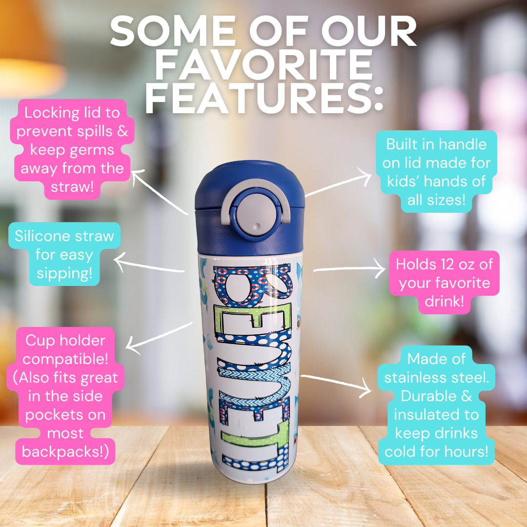 Personalized Sharks Water Bottle - 12 oz Flip Top Water Bottle with Straw