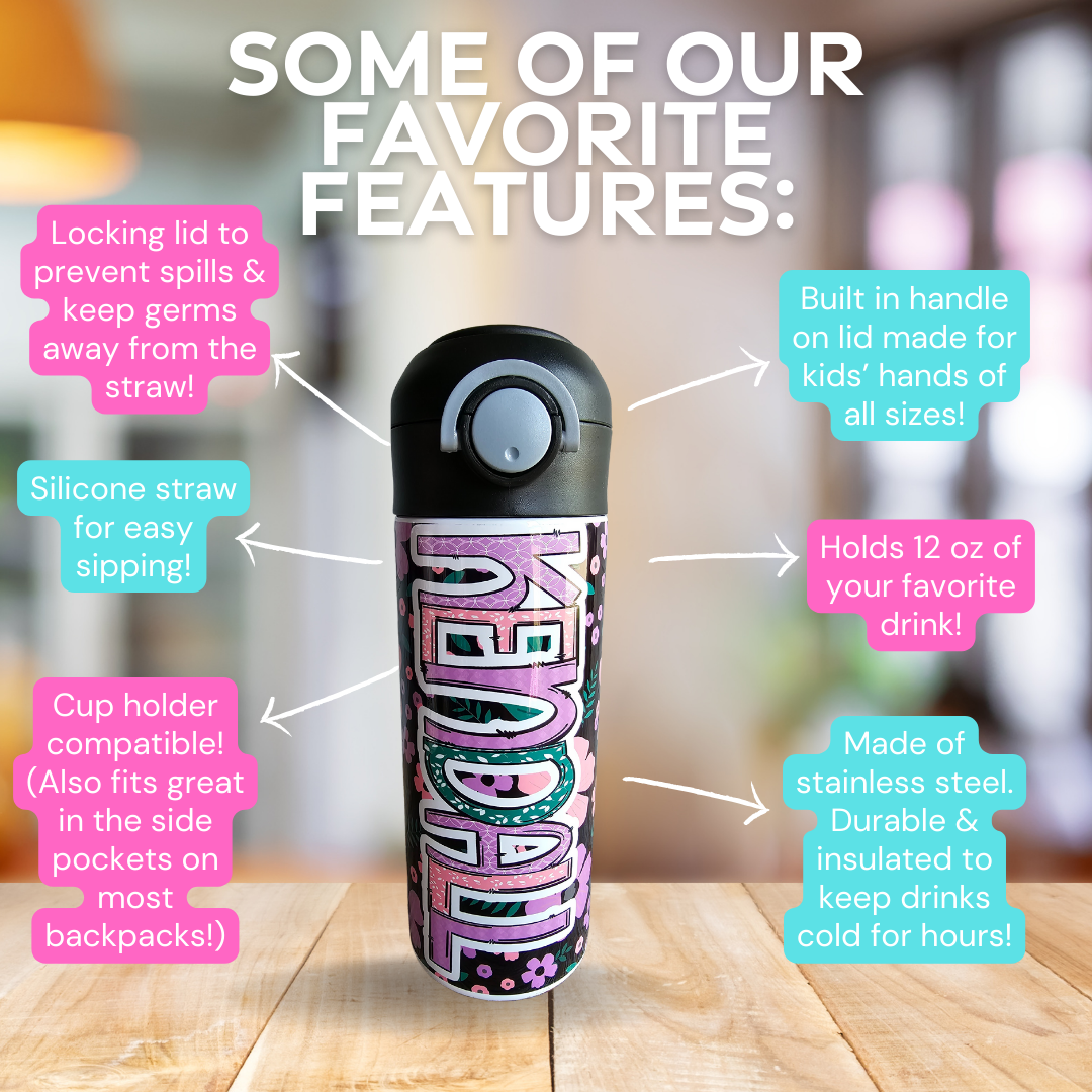 Black, Pink and Purple Flip Top Water Bottle - Personalized