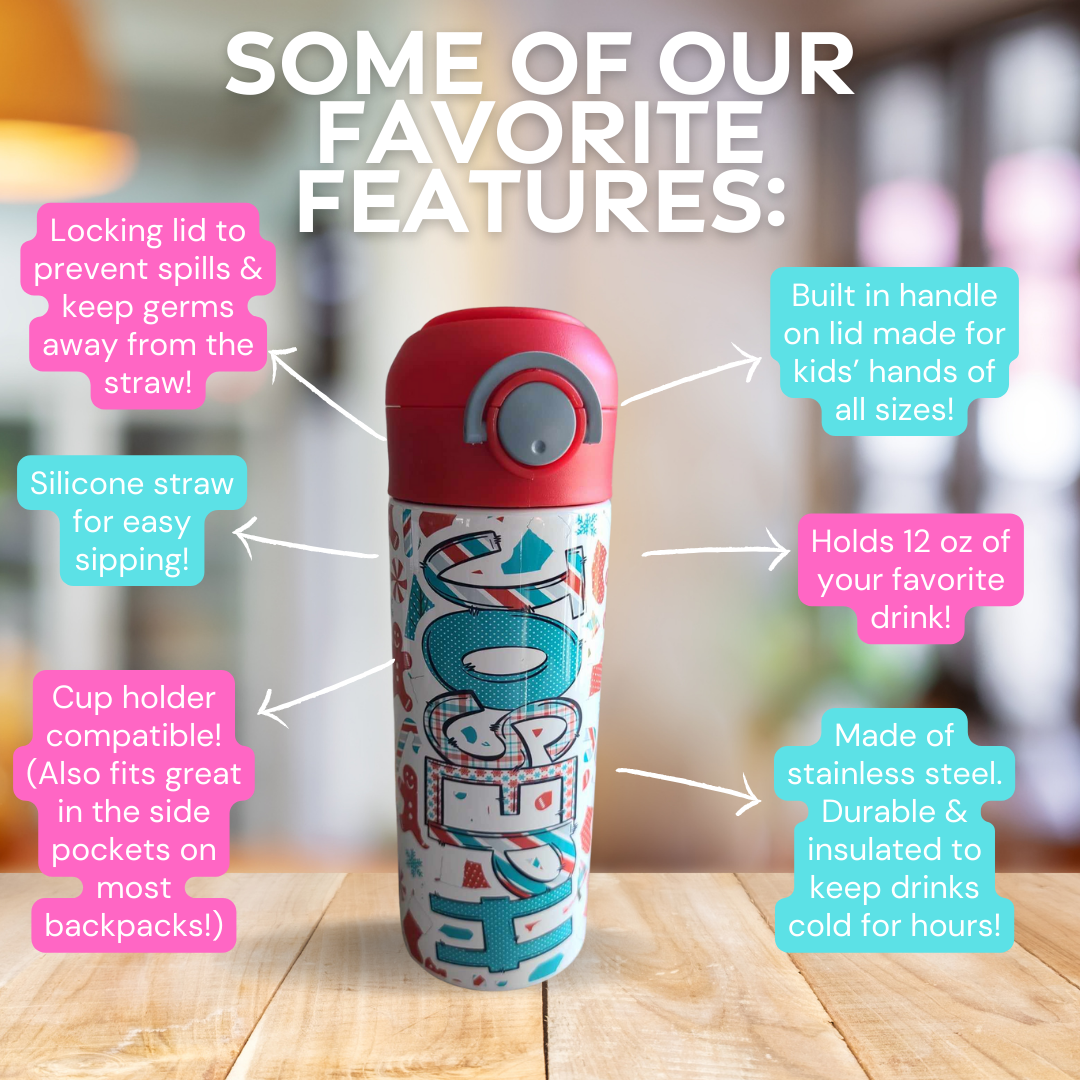 Red & Teal Christmas Flip Top Water Bottle - Personalized
