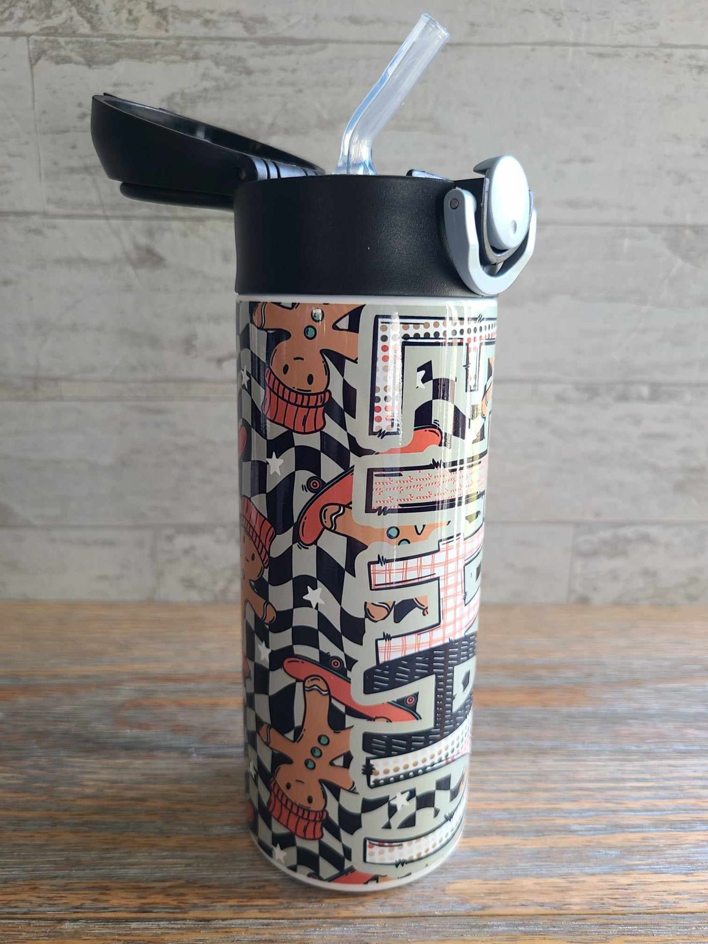 Skateboarding Gingerbread Flip Top Water Bottle - Personalized