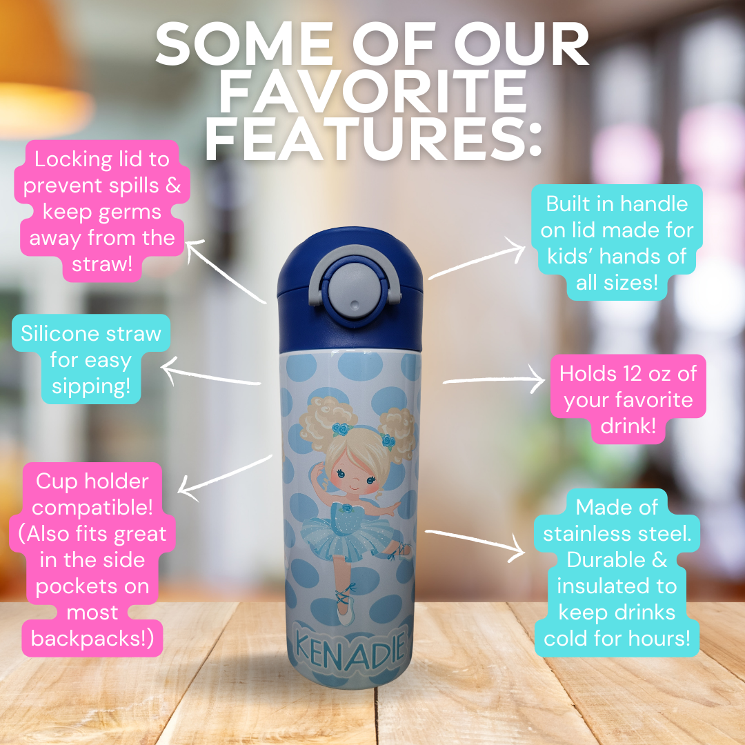 Personalized Blue Ballerina Water Bottle - 12 oz Flip Top Water Bottle with Straw