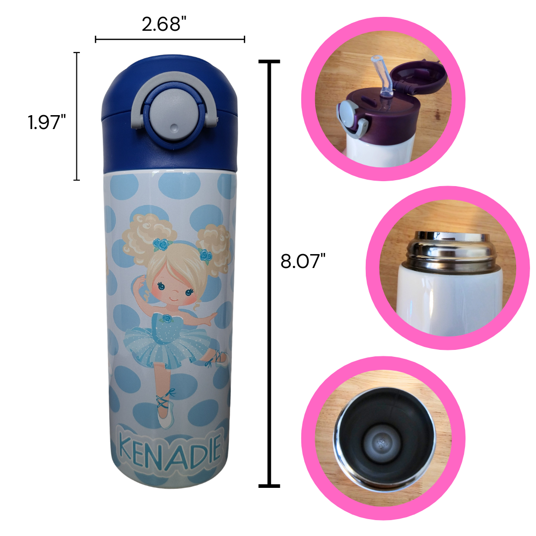 Personalized Blue Ballerina Water Bottle - 12 oz Flip Top Water Bottle with Straw