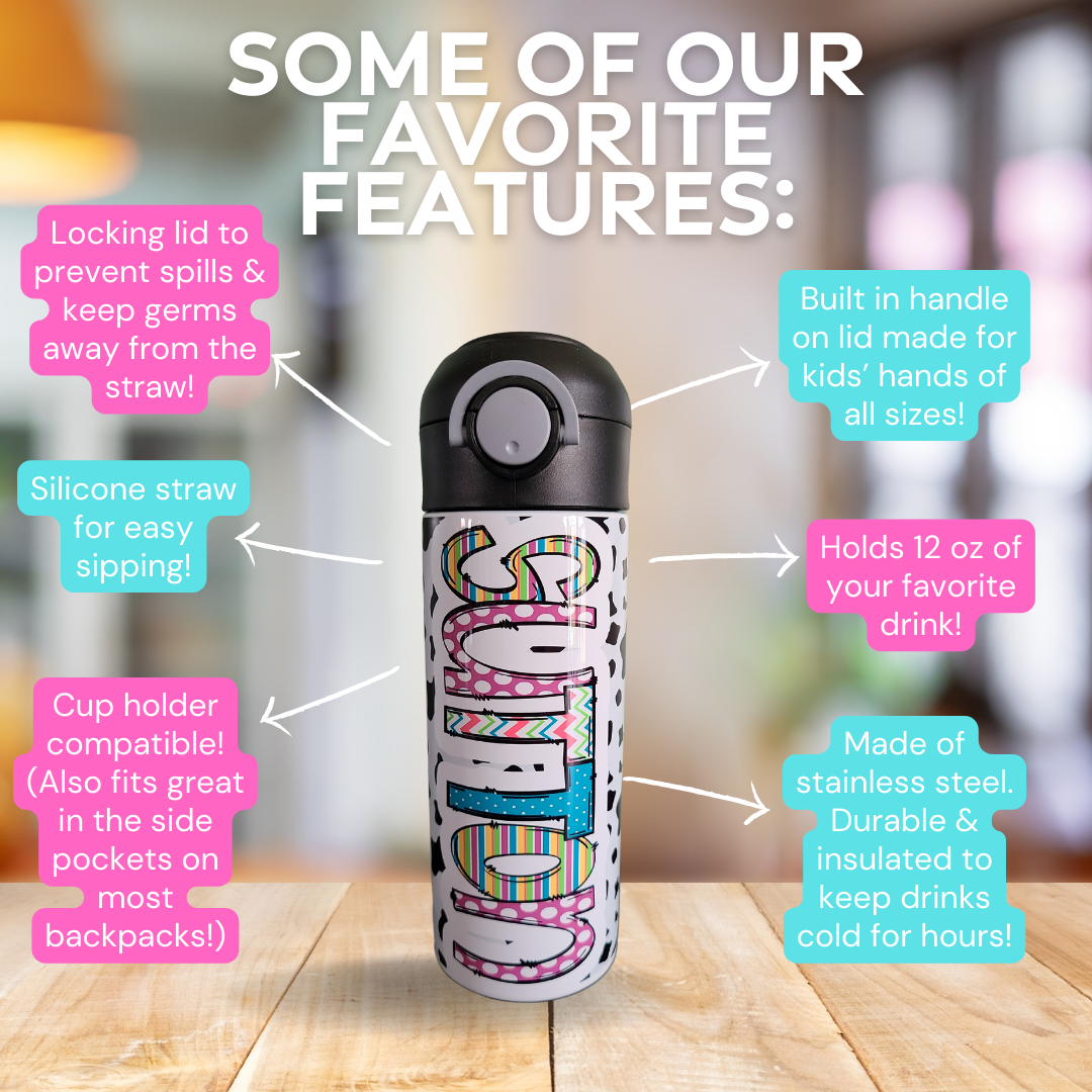 Fun Cow Print Flip Top Water Bottle - Personalized